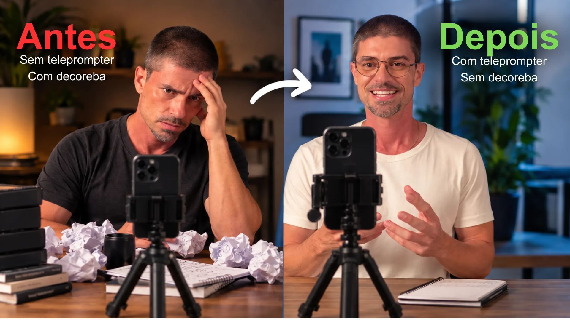 Antes e depois do método teleprompter